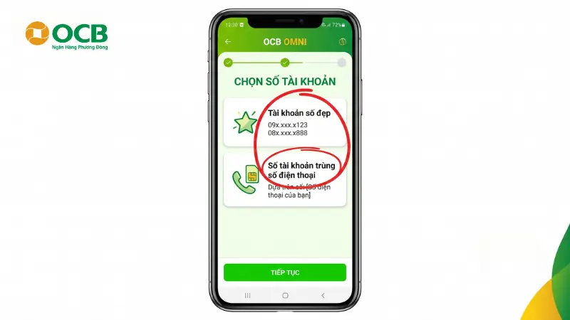 Giao diện chọn tài khoản số đẹp OCB và số trùng điện thoại miễn phí.