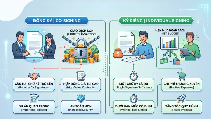 Các đồng chủ sở hữu có thể linh hoạt kết hợp cơ chế đồng ký cho giao dịch lớn và ký riêng cho chi tiêu nhỏ lẻ hàng ngày
