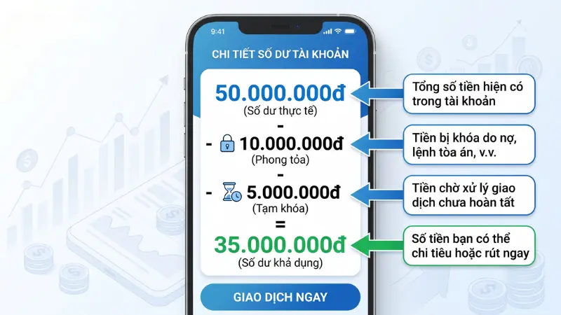 Số dư khả dụng thực tế bằng số dư hiện có trừ đi các khoản bị phong tỏa và tạm khóa.