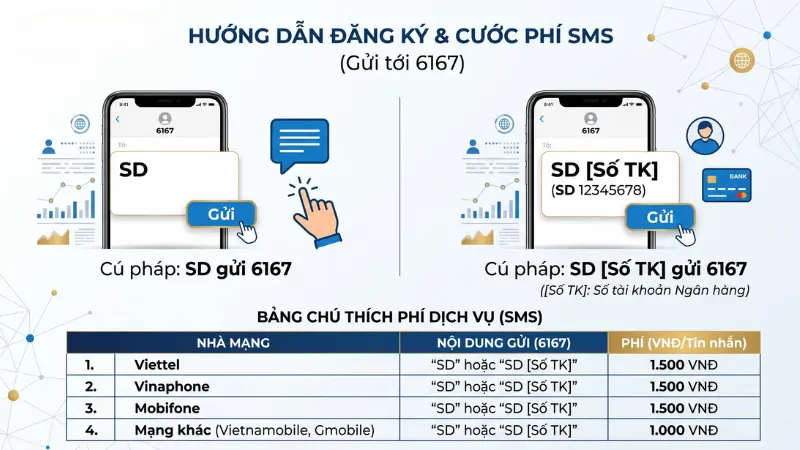 Tổng hợp cú pháp và mức phí tra cứu biến động số dư Vietcombank qua SMS Banking gửi 6167.