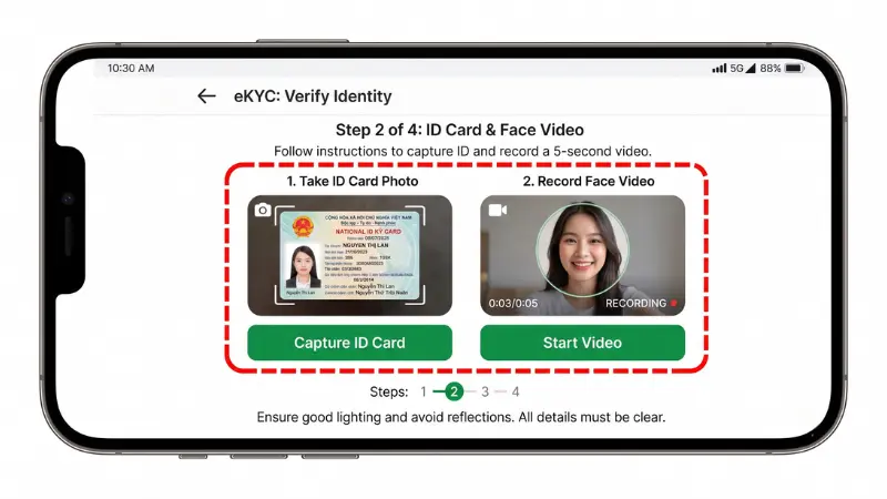 Quy trình định danh eKYC tự động trên VPBank NEO diễn ra an toàn qua công nghệ nhận diện khuôn mặt.