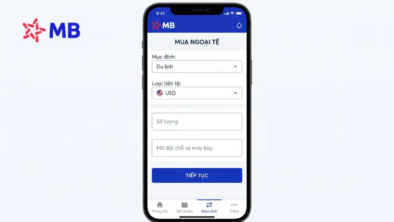 Đặt mua ngoại tệ mặt USD, EUR, JPY trên App MBBank.