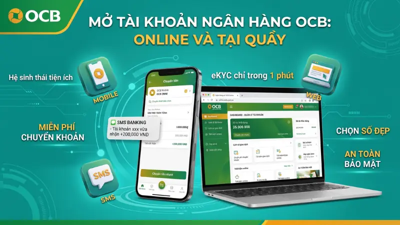 Hệ sinh thái ngân hàng số OCB gồm Mobile, OCB Online và SMS Banking.
