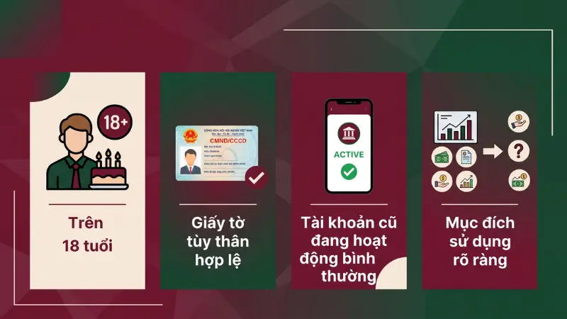 Khách hàng cần đáp ứng một số quy định chặt chẽ về giấy tờ tùy thân và trạng thái tài khoản cũ để đảm bảo an toàn giao dịch.