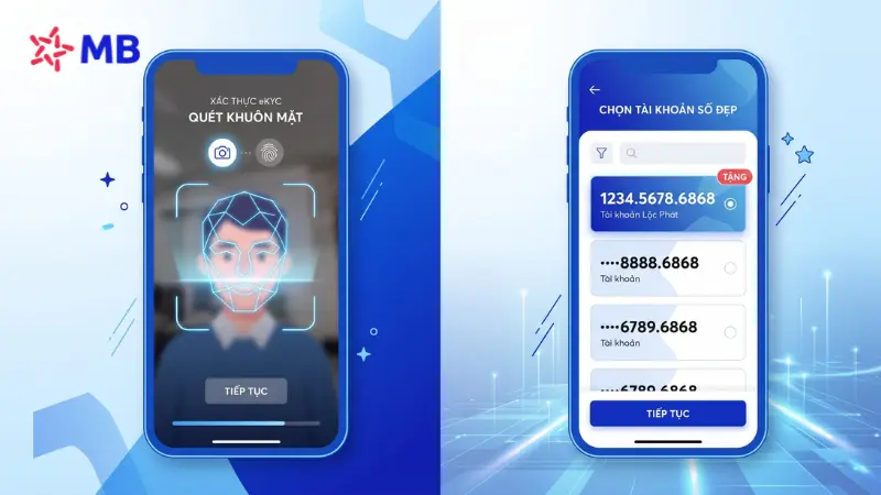 Định danh eKYC và chọn tài khoản số đẹp MB Bank miễn phí.