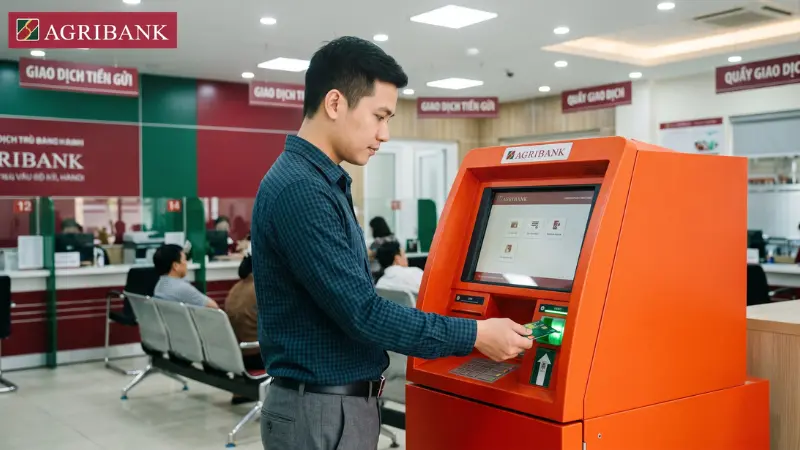 Khách hàng giao dịch gửi tiền tiết kiệm trực tiếp tại máy gửi tiền tự động CDM Agribank.