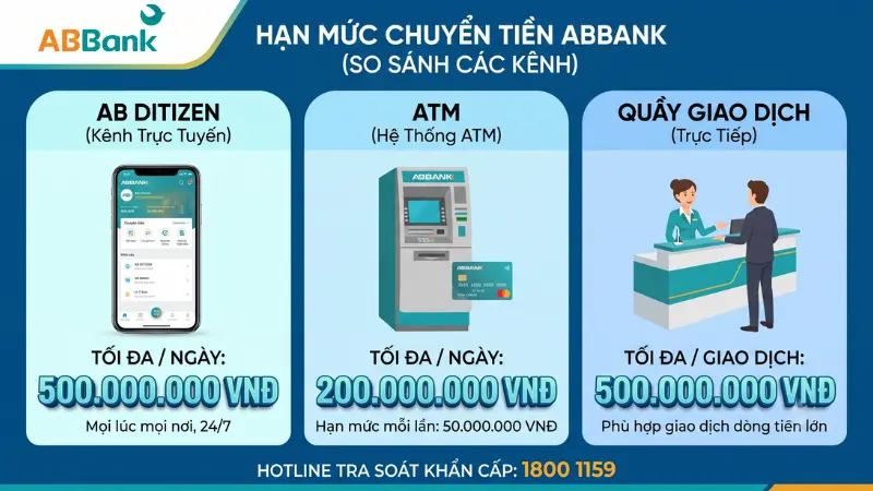 Chuyển khoản ABBank an toàn, tiện lợi với hạn mức lên đến 500 triệu.