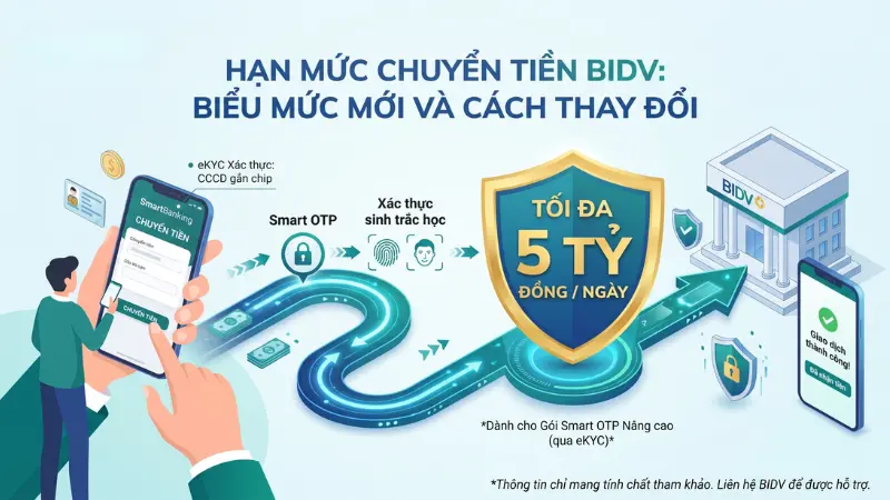 Mức độ phức tạp của phương thức xác thực càng cao, giới hạn số tiền được phép chuyển trong ngày càng lớn.