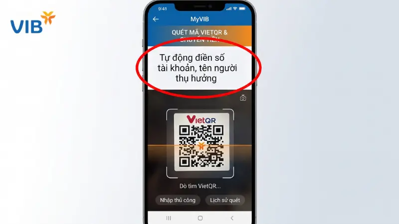 Giao diện ứng dụng MyVIB quét mã VietQR chuyển khoản VIB.