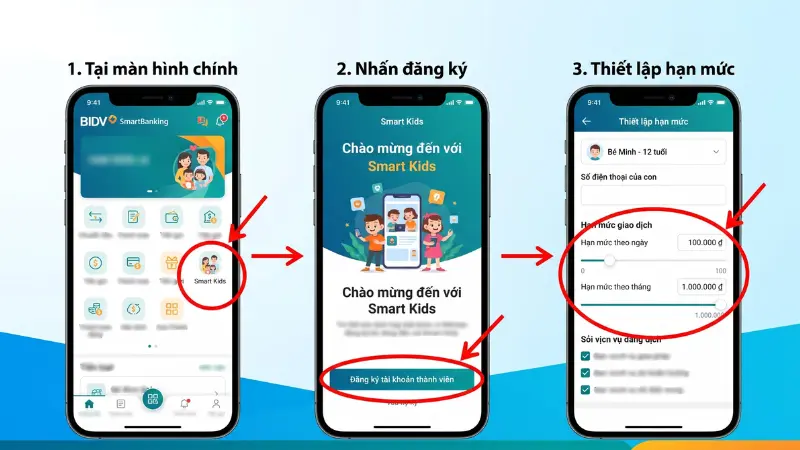 Phụ huynh thao tác trực tiếp trên BIDV SmartBanking để thiết lập tài khoản phụ và quản lý hạn mức giao dịch cho con.