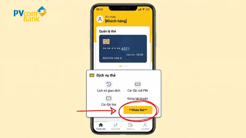 Các bước khóa thẻ khẩn cấp trên app PV Mobile Banking.