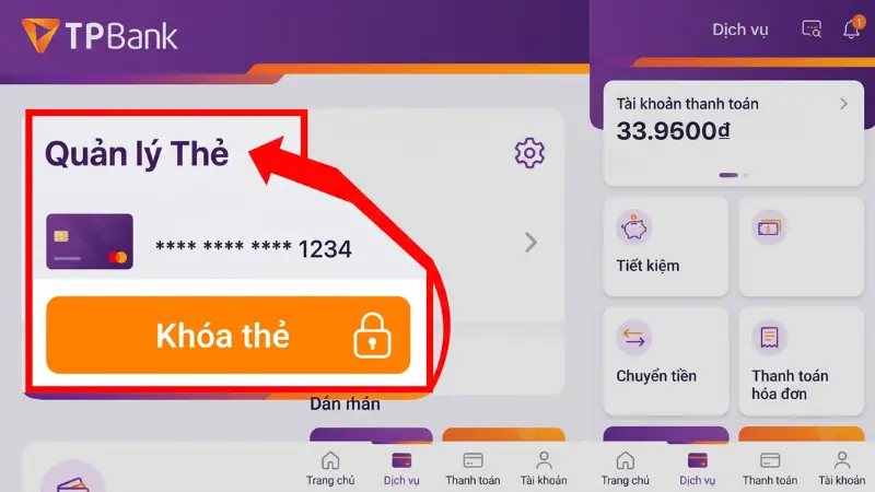 Hướng dẫn khóa thẻ khẩn cấp trên ứng dụng TPBank Mobile