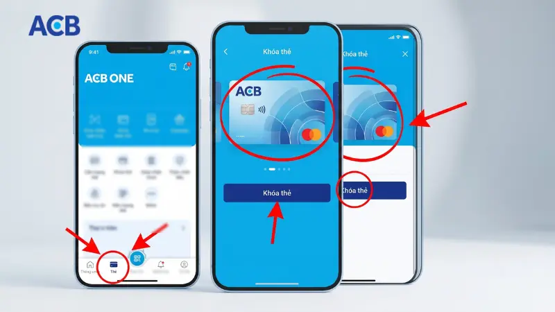 4 bước khóa thẻ khẩn cấp trên app ACB ONE.