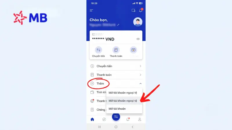 Thao tác mở tài khoản ngoại tệ trên App MBBank