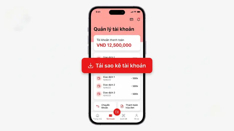 Khách hàng dễ dàng tải bản sao kê điện tử miễn phí để kiểm soát thu chi cá nhân trên Techcombank Mobile.