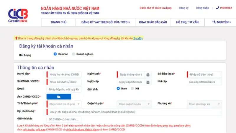 Các bước đăng ký tài khoản để tra cứu điểm tín dụng cá nhân online trên website CIC.