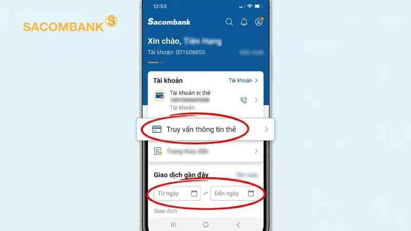 Thao tác thiết lập bộ lọc thời gian để kiểm tra biến động số dư trên cổng e-banking Sacombank.