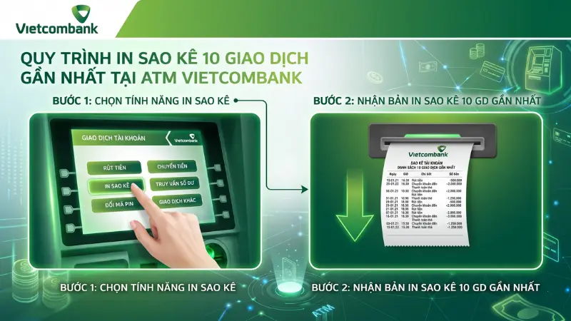 Thao tác tại cây rút tiền tự động hỗ trợ người dùng kiểm tra nhanh 10 giao dịch gần nhất một cách tiện lợi mà không cần chờ đợi tại quầy