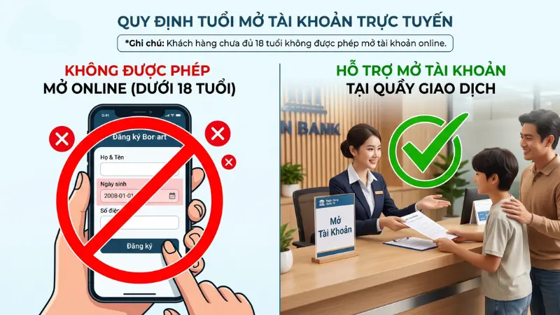 Người dưới 18 tuổi bắt buộc phải mang giấy tờ tùy thân đến trực tiếp quầy giao dịch Vietcombank để xác minh thay vì đăng ký online.