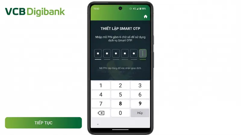 Tạo mã PIN gồm 6 chữ số là bước bắt buộc để kích hoạt phương thức xác thực Smart OTP trên ứng dụng.