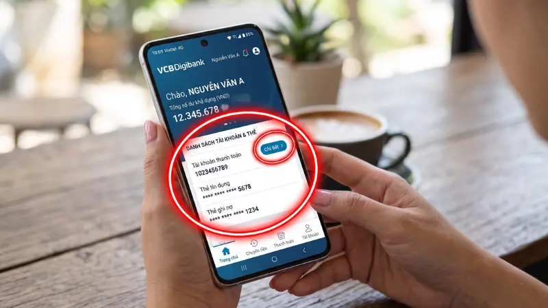 Giao diện tra cứu số dư tài khoản Vietcombank nhanh chóng qua ứng dụng VCB Digibank trên điện thoại.