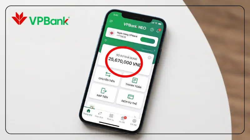 Thông tin dòng tiền khả dụng được hiển thị trực tiếp tại trang chủ ứng dụng VPBank NEO ngay sau khi khách hàng đăng nhập thành công.