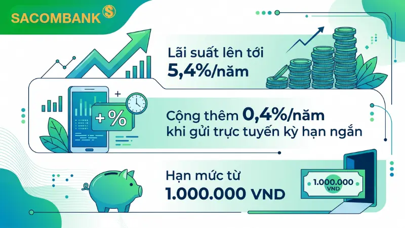 Gửi tiết kiệm trực tuyến tại Sacombank giúp bạn tối ưu lợi nhuận với mức lãi suất cộng thêm lên đến 0,4%/năm
