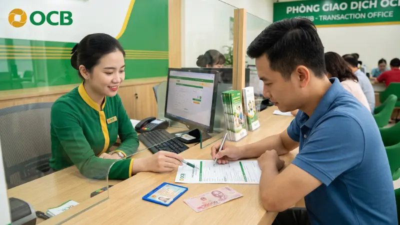 Khách hàng đăng ký mở tài khoản OCB trực tiếp tại quầy giao dịch.