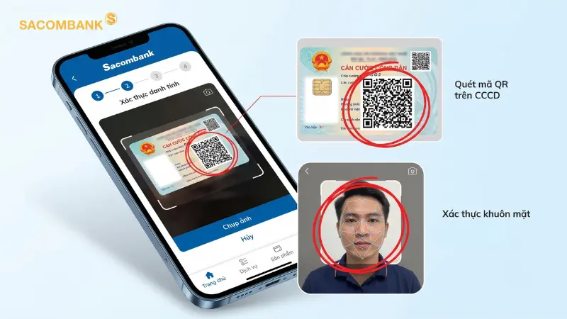 Thao tác định danh điện tử trên ứng dụng Sacombank Pay diễn ra nhanh chóng, bảo mật qua sinh trắc học.