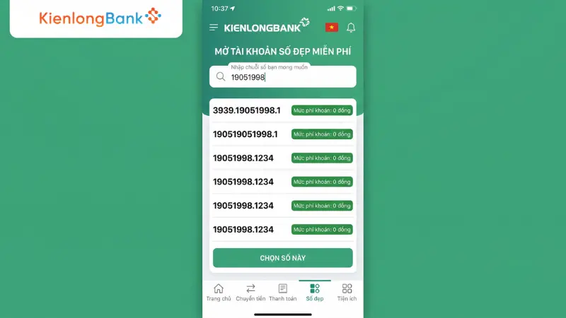 Mở tài khoản số đẹp KienlongBank miễn phí.