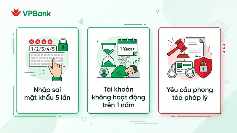 Hệ thống sẽ thiết lập rào chắn tự động khóa tài khoản nếu bạn nhập sai mật khẩu quá 5 lần hoặc khi có yêu cầu pháp lý.