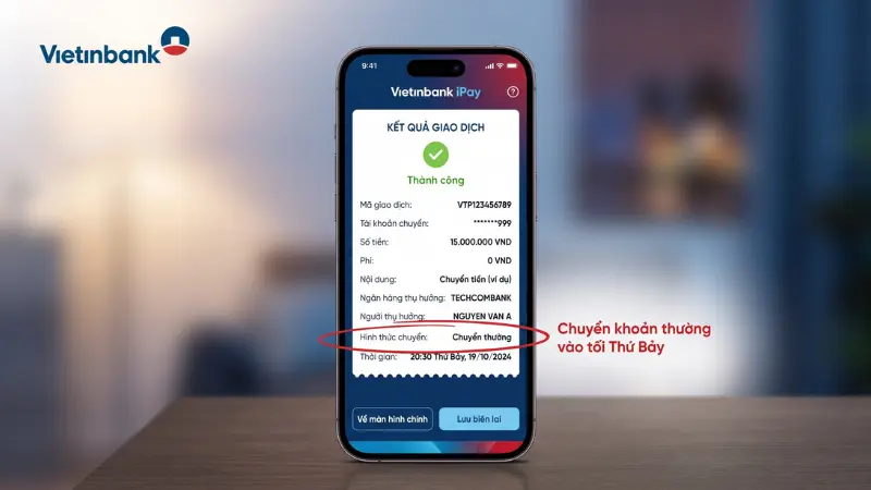 Giao dịch báo thành công nhưng tiền chưa tới do người dùng chọn hình thức chuyển thường ngoài giờ hành chính.