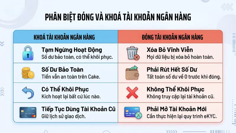 Khóa và đóng tài khoản là hai nghiệp vụ độc lập với mục đích, hướng xử lý số dư và khả năng khôi phục hoàn toàn khác biệt.