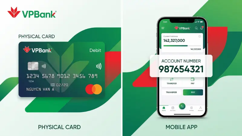 Số tài khoản VPBank gồm 8-9 số, khác hoàn toàn với dãy số in nổi trên bề mặt thẻ vật lý.