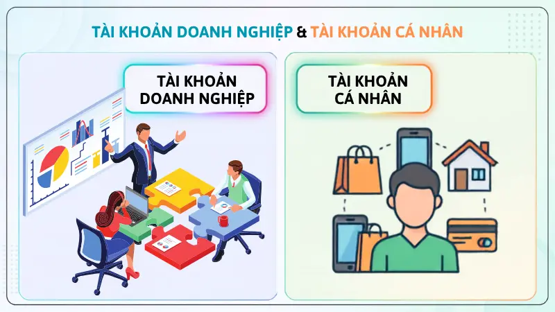Tài khoản doanh nghiệp được đại diện bởi pháp nhân tổ chức, khác biệt hoàn toàn với mục đích tiêu dùng độc lập của tài khoản cá nhân.