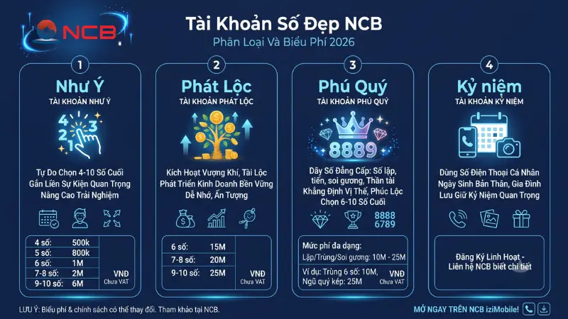 Phân loại tài khoản số đẹp NCB: Như Ý, Phát Lộc, Phú Quý.