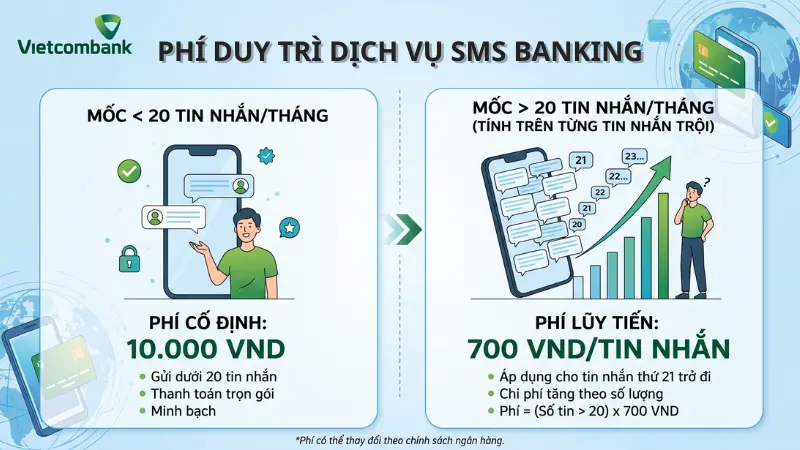 Dịch vụ VCB Digibank được miễn phí hoàn toàn, riêng SMS Banking áp dụng phí lũy tiến 700 VND/tin nhắn nếu vượt mốc 20 tin/tháng.