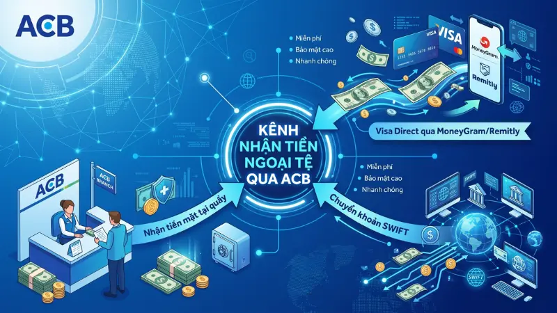 Các phương thức nhận tiền kiều hối vào tài khoản ngoại tệ ACB.