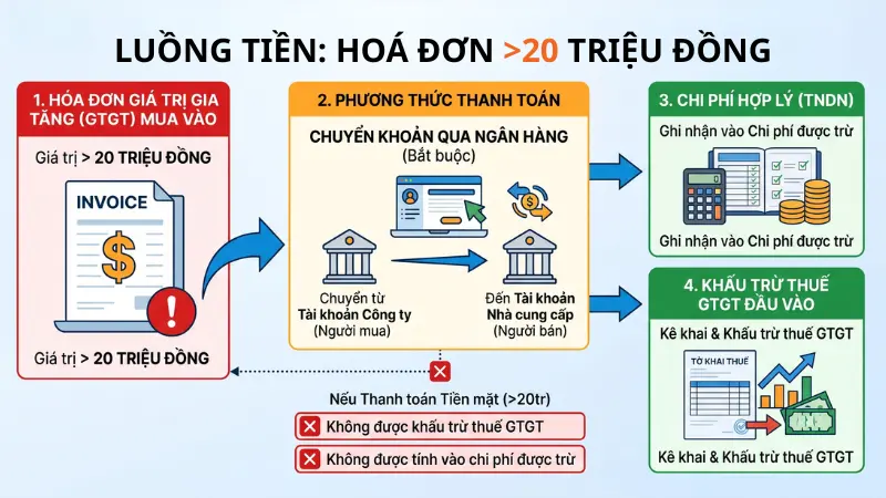 Các khoản chi mua hàng hóa và dịch vụ từ 20 triệu đồng trở lên bắt buộc phải được chuyển khoản từ tài khoản công ty để đảm bảo tính hợp lệ về chi phí kinh doanh