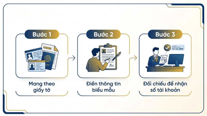 Quy trình ba bước đơn giản giúp khách hàng hoàn tất thủ tục đăng ký tài khoản trực tiếp tại các điểm giao dịch trên toàn quốc.