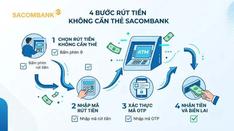 Hướng dẫn chi tiết 4 bước rút tiền mặt tại hệ thống ATM Sacombank bằng số điện thoại vô cùng tiện lợi.