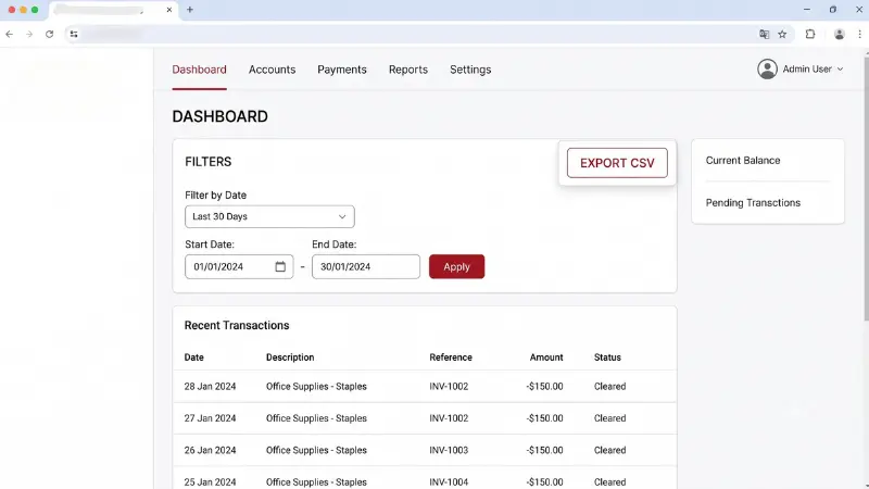 Doanh nghiệp xuất danh sách giao dịch qua nền tảng Techcombank Business để đối chiếu với sổ kế toán.