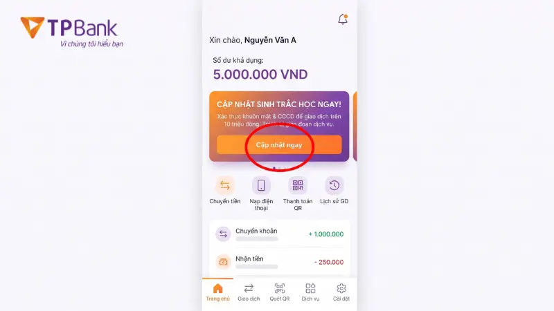 Cài đặt xác thực khuôn mặt trên ứng dụng TPBank Biz.