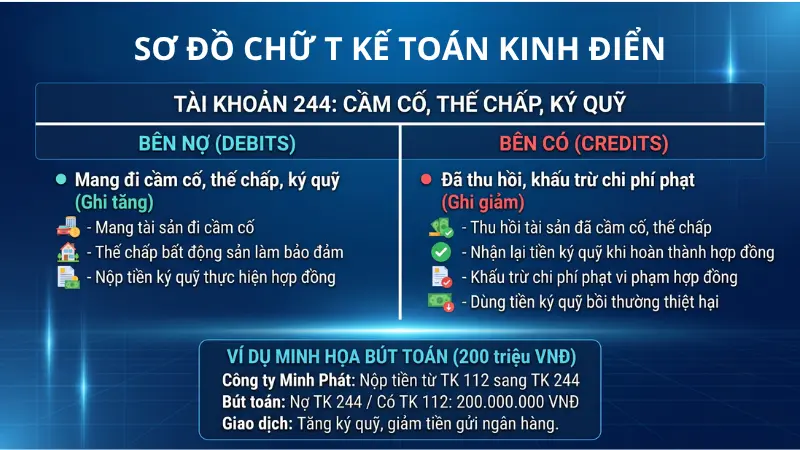Sơ đồ định khoản tài khoản 244 (Cầm cố, thế chấp, ký cược, ký quỹ) khi xuất tiền nộp và thu hồi theo Thông tư 200/2014/TT-BTC.