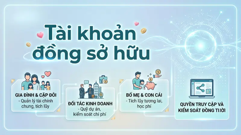 Quản lý tài chính qua tài khoản chung giúp các cặp vợ chồng và đối tác minh bạch hóa dòng tiền, chia sẻ rủi ro.