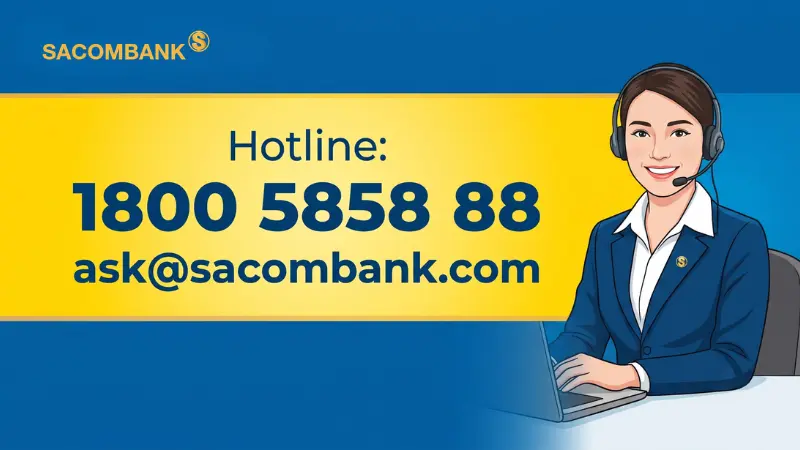 Khi gặp sự cố chuyển tiền, hãy liên hệ ngay Hotline 1800 5858 88 để được Sacombank hỗ trợ kịp thời.