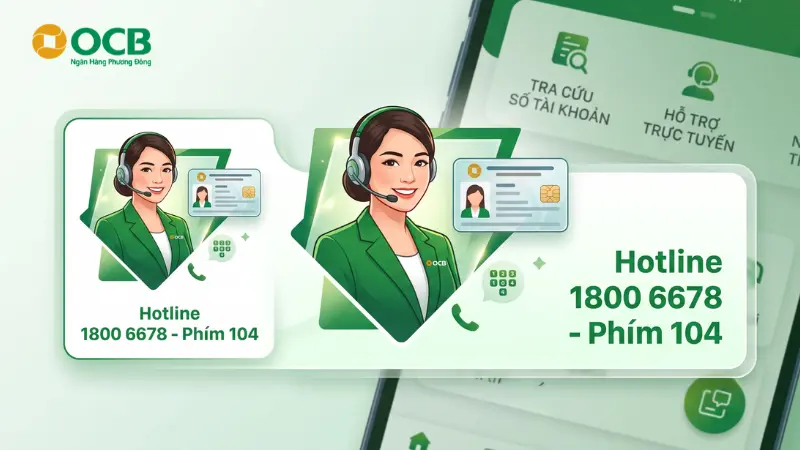 Tra cứu số tài khoản qua Hotline OCB 1800 6678 và phím 104.