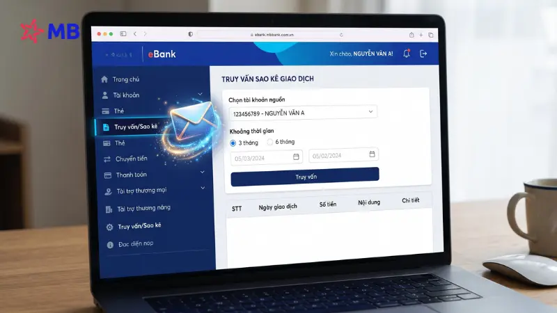 Trích xuất lịch sử giao dịch trên Web BIZ MBBank cho doanh nghiệp.