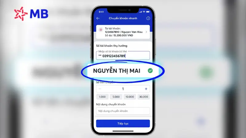 Kiểm tra tên chủ tài khoản MB Bank qua app.