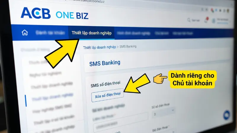 Giao diện xóa số điện thoại nhận SMS Banking trên ACB ONE BIZ